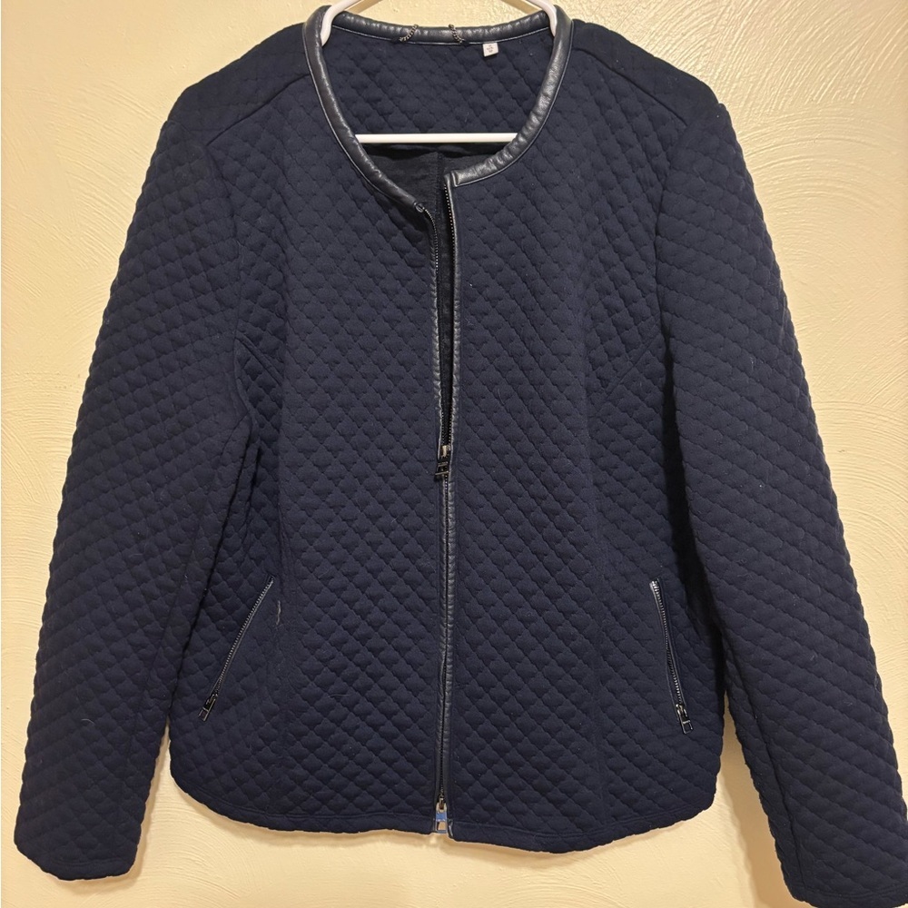 Chico’s Navy Quilted Zip Jacket Faux Leather Trim Size 2 (12)